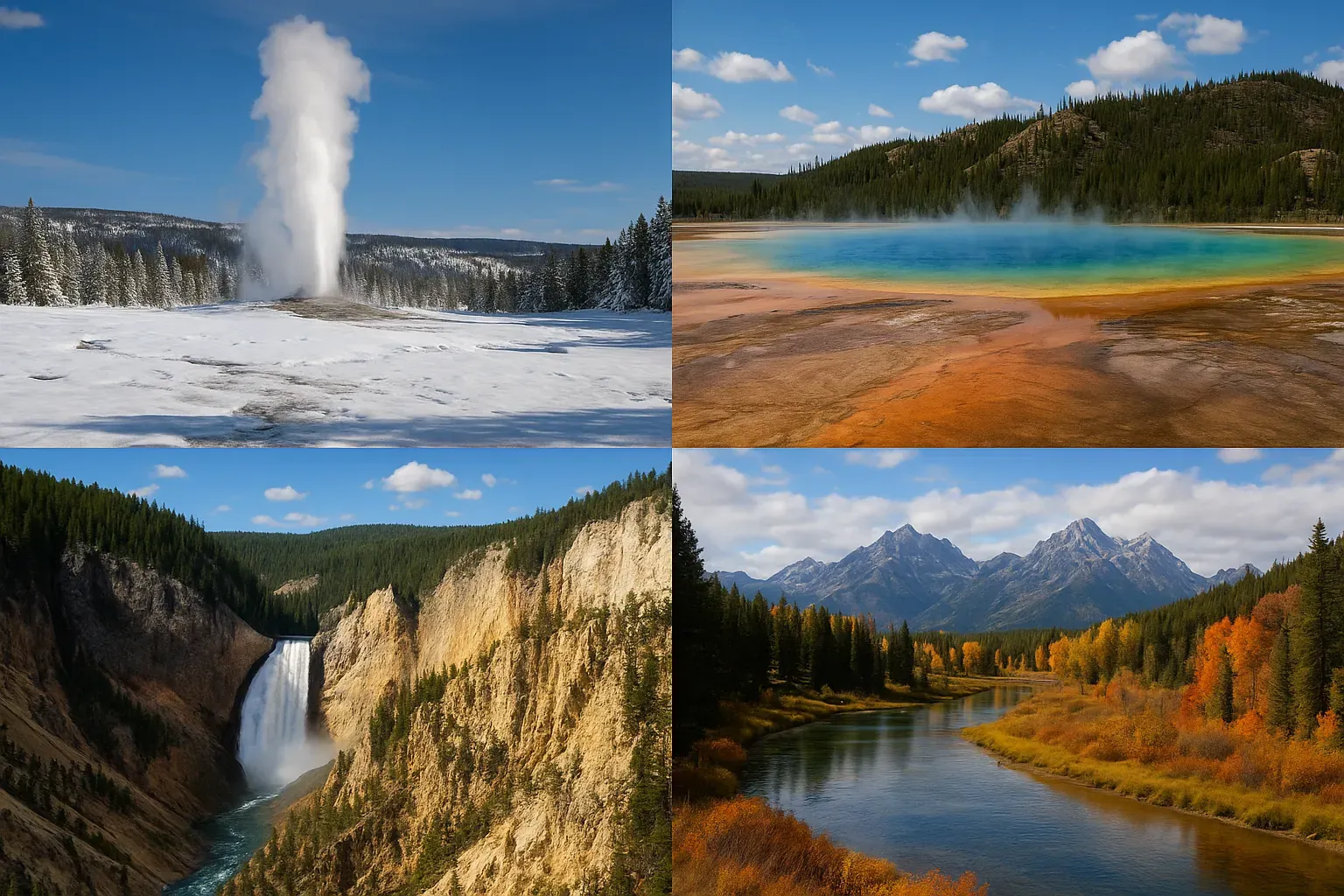 Spring conditions in Yellowstone National Park with snow-covered landscape transitioning to green meadows