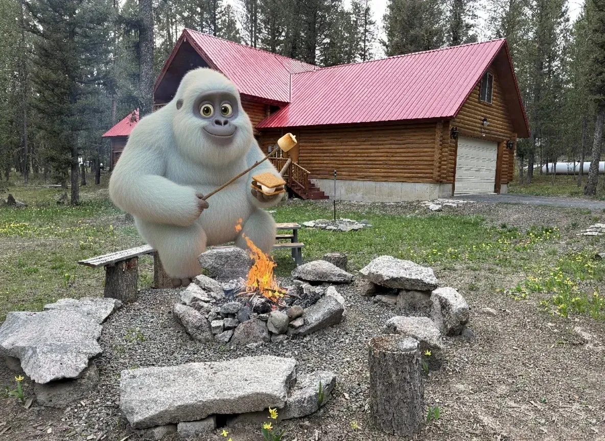 Outdoor fire pit area at a cabin in Island Park, Idaho, surrounded by pine trees