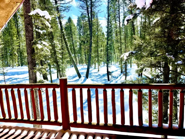 Upper deck at Lodgepole Pines Retreat overlooking pine trees