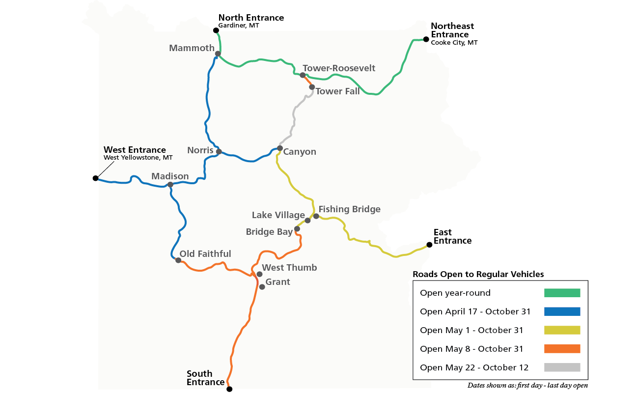 2026 Yellowstone National Park road opening schedule map for regular vehicles