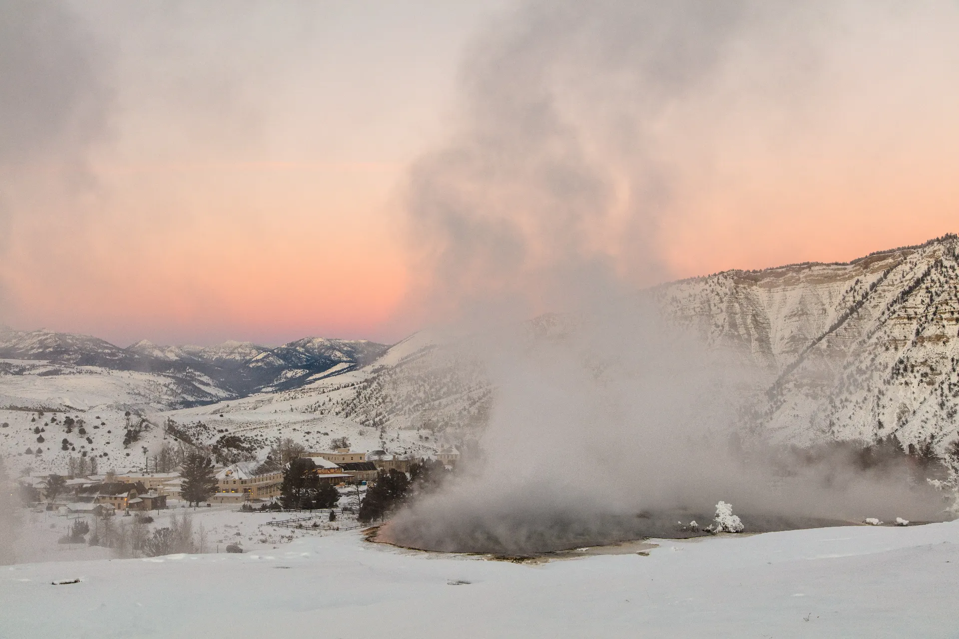 Sunset colors at Mammoth Hot Springs in Yellowstone National Park