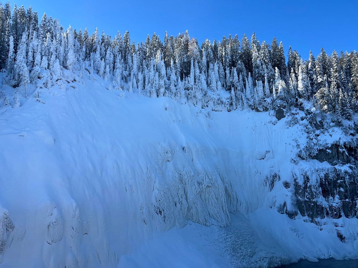 Mesa Falls in winter with ice formations